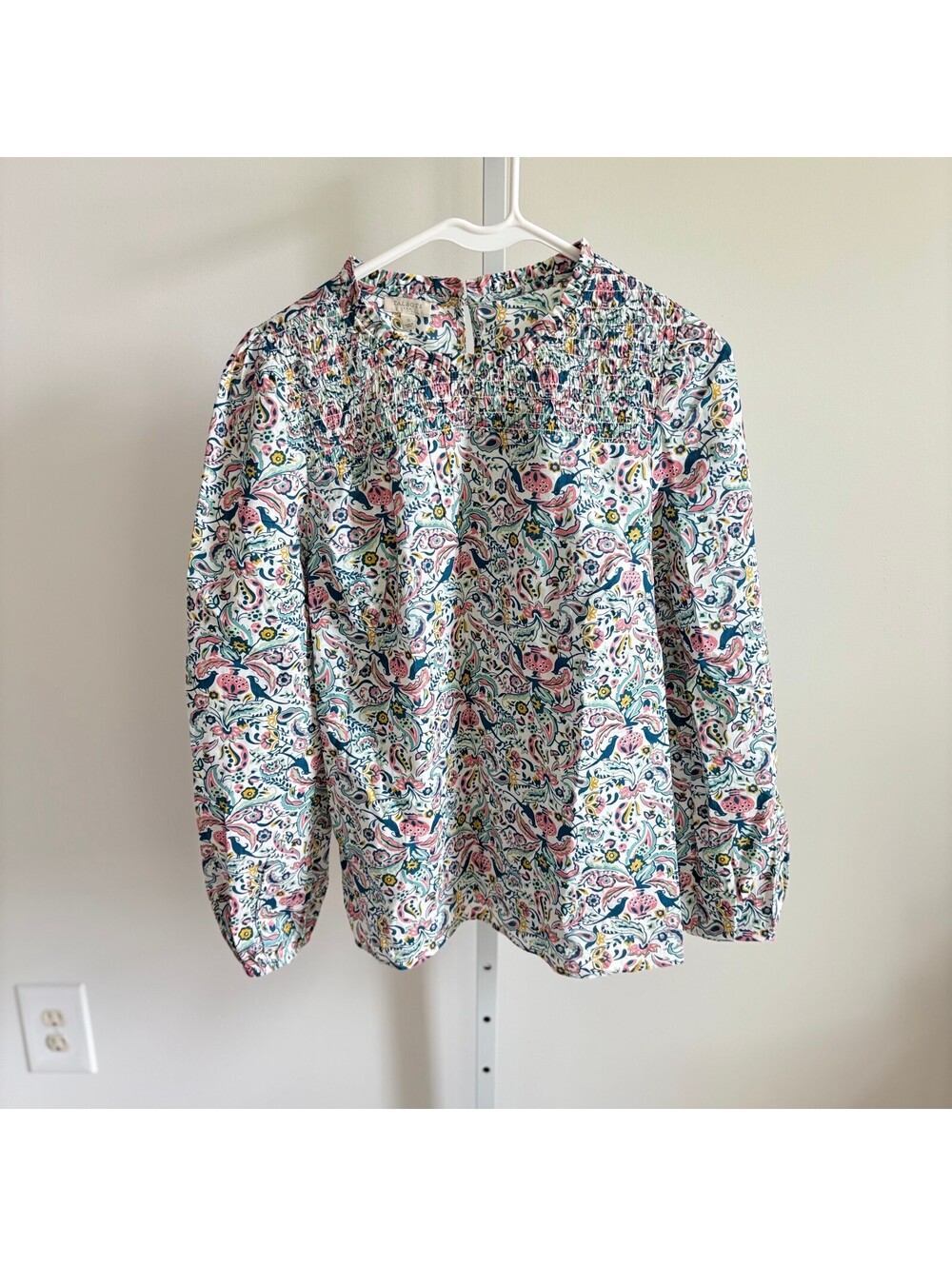 Talbots EUC Women's Blue Pink Floral Smocked Bird Print Blouse Size S